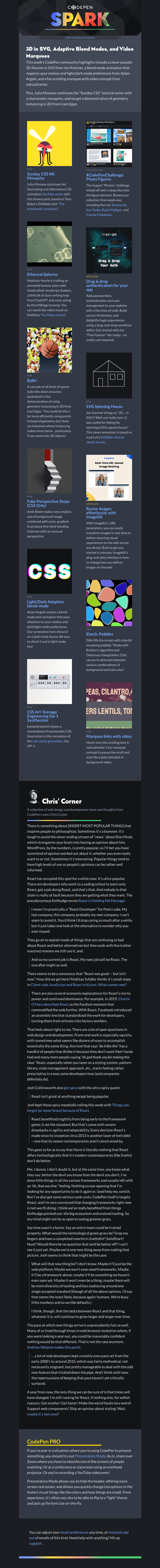 Письмо компании «CodePen» на тему «3D in SVG, Adaptive Blend Modes, and Video Marquees»