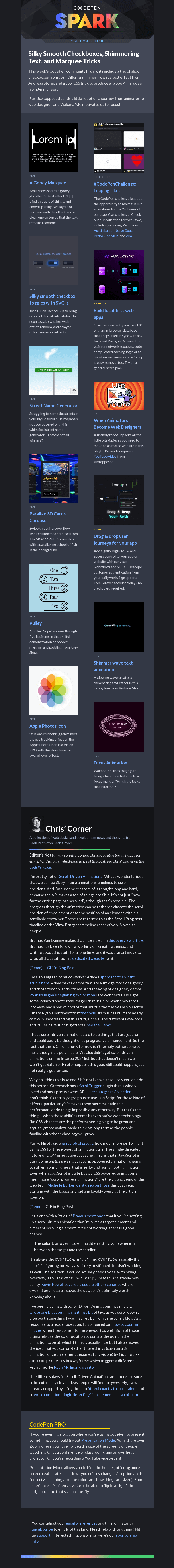 Письмо компании «CodePen» на тему «Silky Smooth Checkboxes, Shimmering Text, and Marquee Tricks»