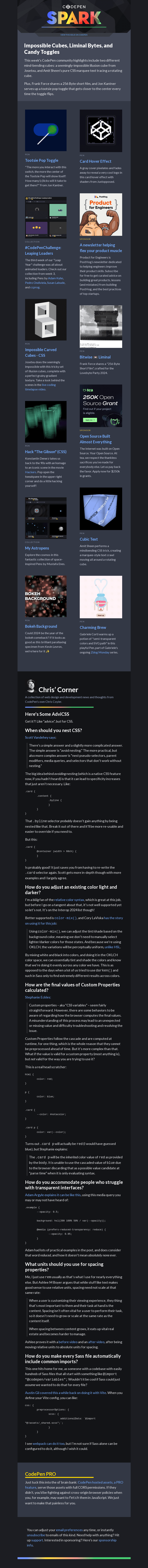 Письмо компании «CodePen» на тему «Impossible Cubes, Liminal Bytes, and Candy Toggles»