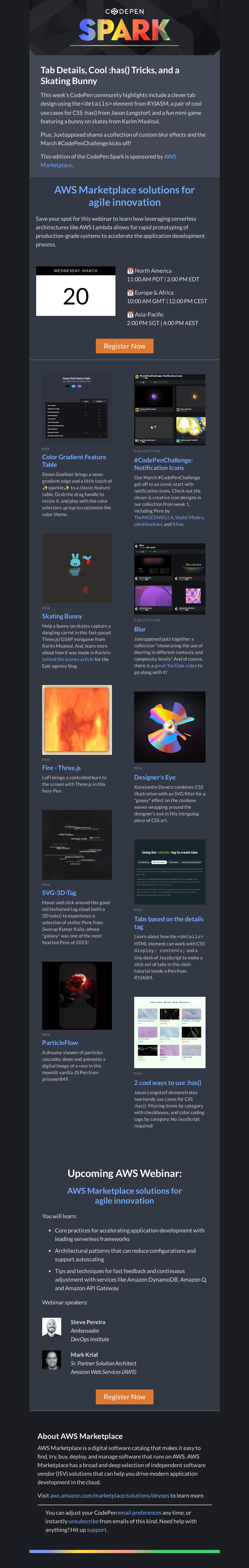 Письмо компании «CodePen» на тему «[CodePen Spark] Tab Details, Cool :has() Tricks, and a Skating Bunny»