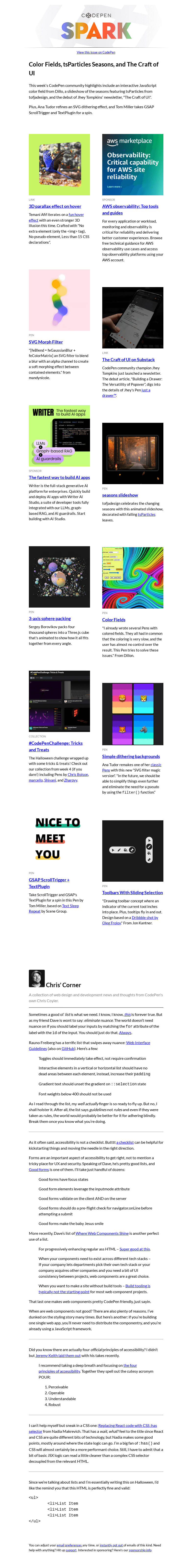 Письмо компании «CodePen» на тему «Color Fields, tsParticles Seasons, and The Craft of UI»