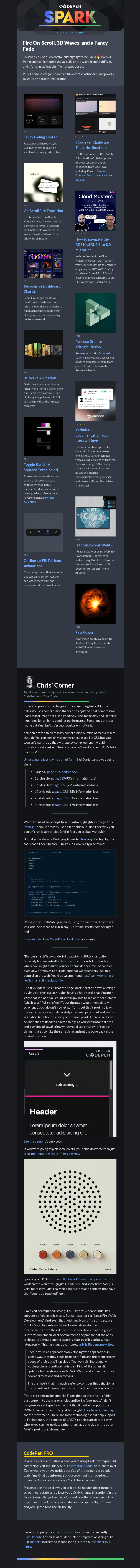 Письмо компании «CodePen» на тему «Fire On-Scroll, 3D Waves, and a Fancy Fade»