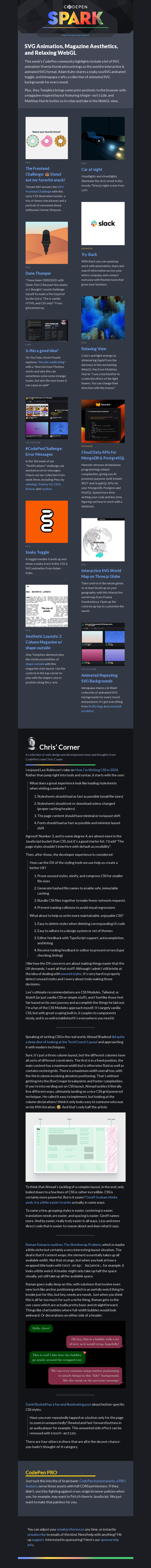 Письмо компании «CodePen» на тему «SVG Animation, Magazine Aesthetics, and Relaxing WebGL»