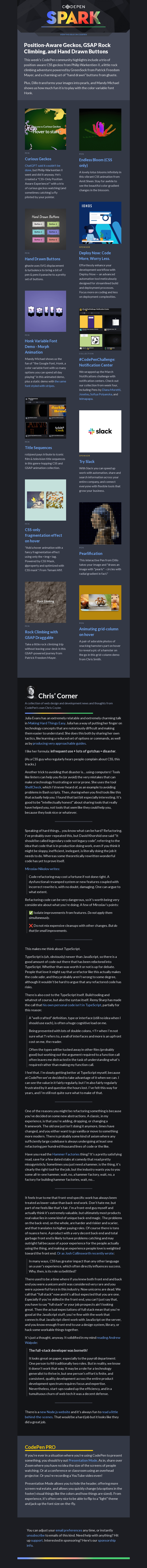 Письмо компании «CodePen» на тему «Position-Aware Geckos, GSAP Rock Climbing, and Hand Drawn Buttons»