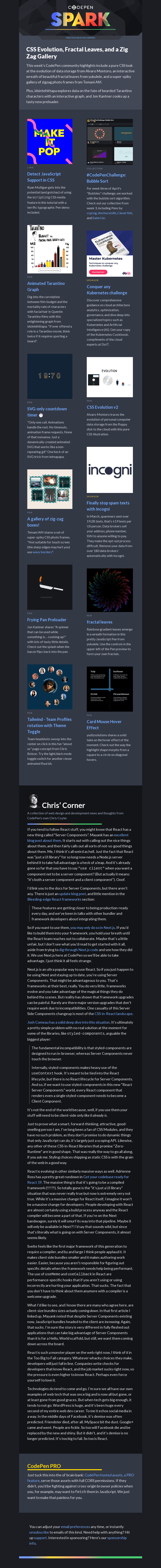 Письмо компании «CodePen» на тему «CSS Evolution, Fractal Leaves, and a Zig Zag Gallery»