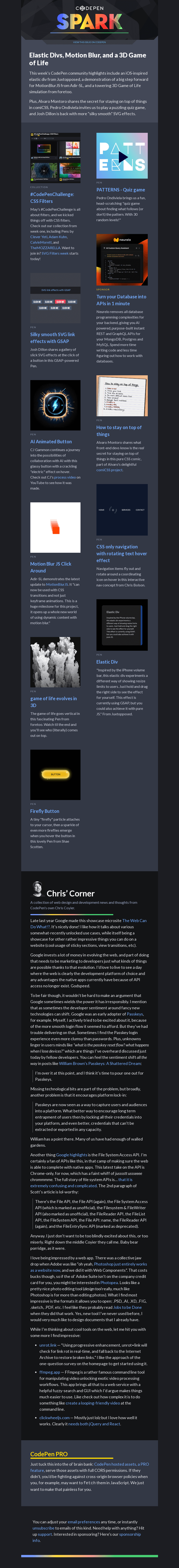 Письмо компании «CodePen» на тему «Elastic Divs, Motion Blur, and a 3D Game of Life»