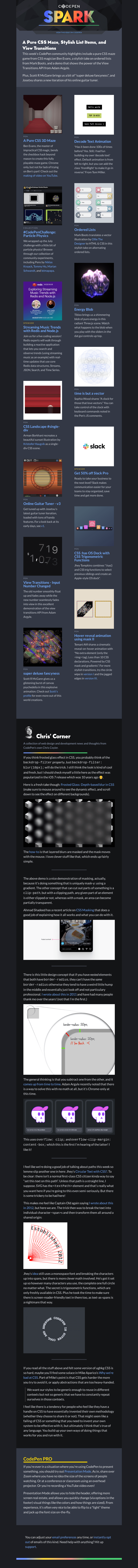 Письмо компании «CodePen» на тему «A Pure CSS Maze, Stylish List Items, and View Transitions»