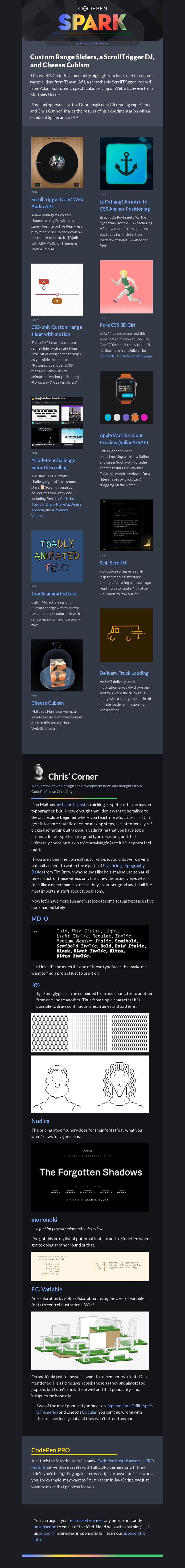 Письмо компании «CodePen» на тему «Custom Range Sliders, a ScrollTrigger DJ, and Cheese Cubism»