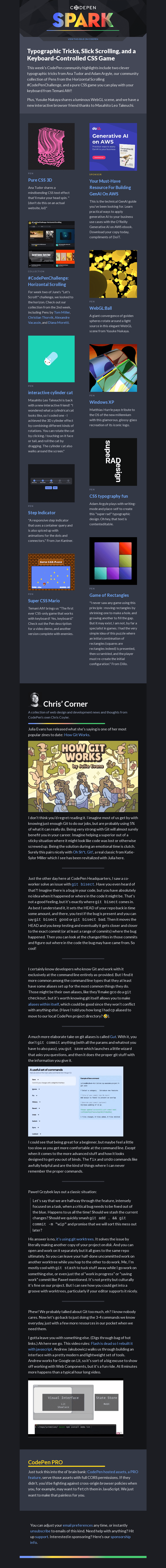 Письмо компании «CodePen» на тему «Typographic Tricks, Slick Scrolling, and a Keyboard-Controlled CSS Game»