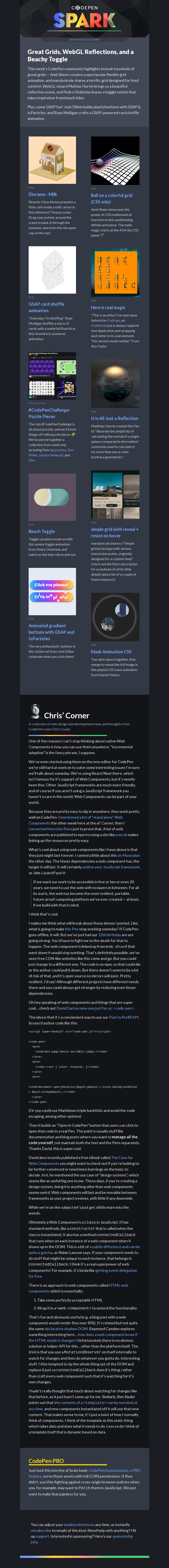 Письмо компании «CodePen» на тему «Great Grids, WebGL Reflections, and a Beachy Toggle»