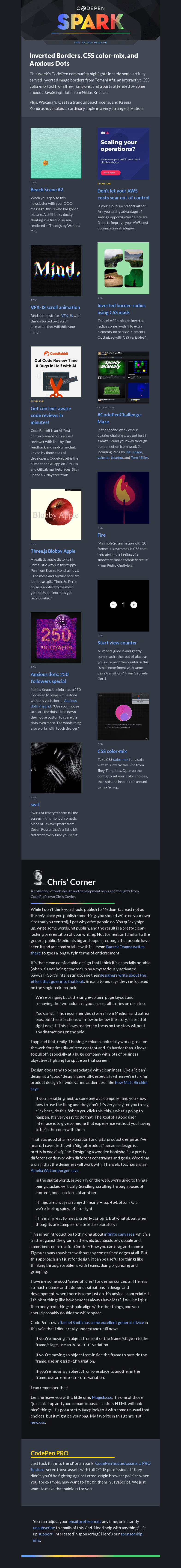 Письмо компании «CodePen» на тему «Inverted Borders, CSS color-mix, and Anxious Dots»