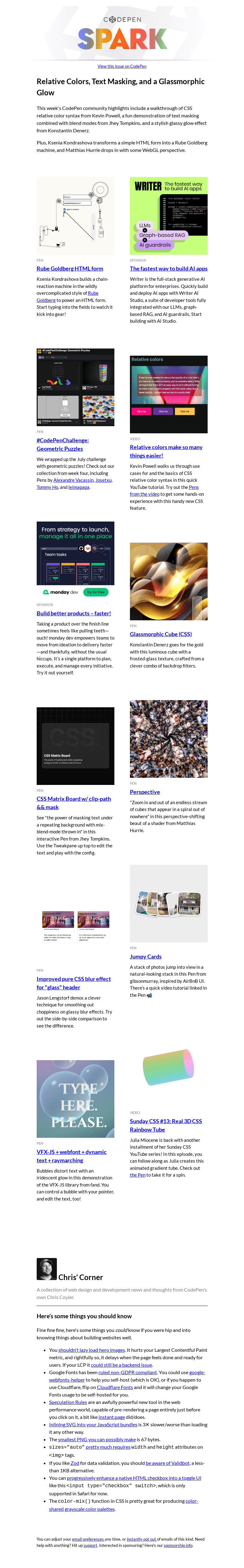 Письмо компании «CodePen» на тему «Relative Colors, Text Masking, and a Glassmorphic Glow»