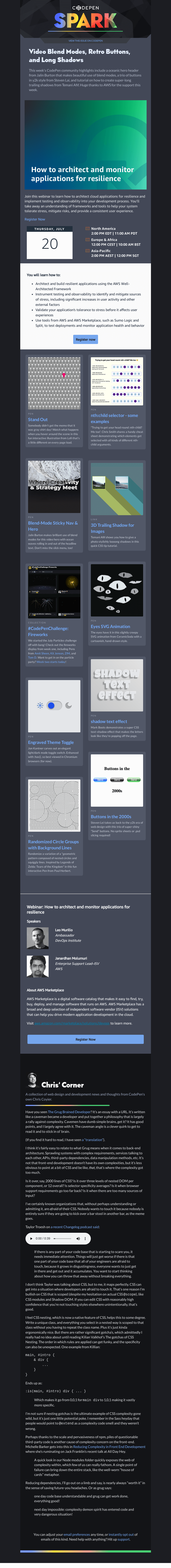 Письмо компании «CodePen» на тему «[CodePen Spark] — Video Blend Modes, Retro Buttons, and Long Shadows»