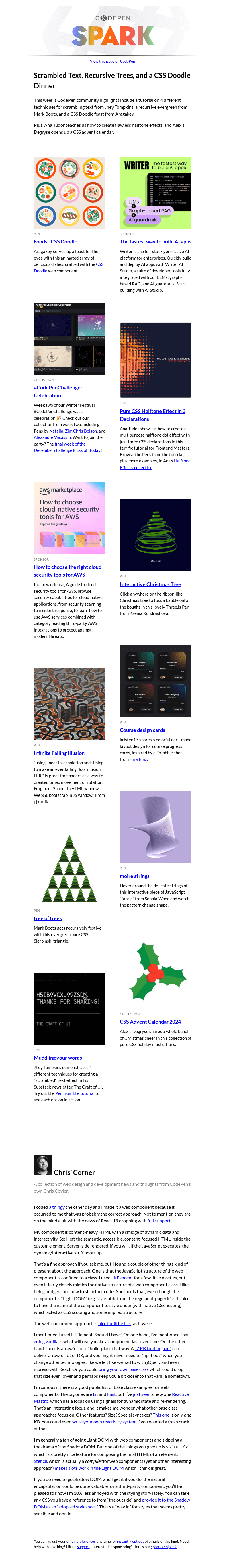 Письмо компании «CodePen» на тему «Scrambled Text, Recursive Trees, and a CSS Doodle Dinner»