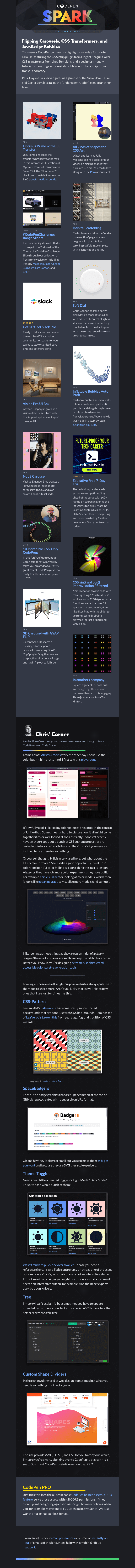 Письмо компании «CodePen» на тему «Flipping Carousels, CSS Transformers, and JavaScript Bubbles»