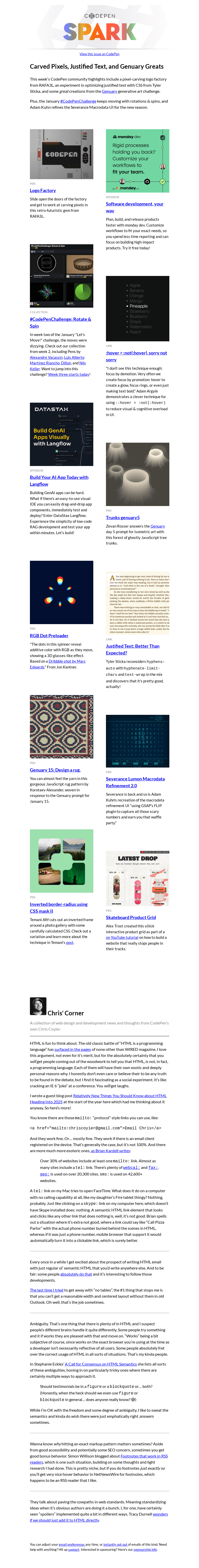 Письмо компании «CodePen» на тему «Carved Pixels, Justified Text, and Genuary Greats»