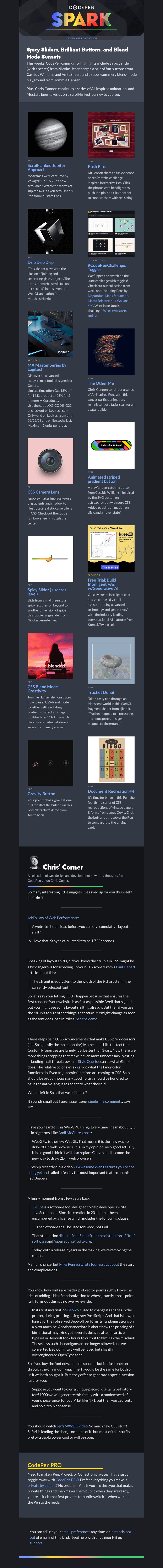 Письмо компании «CodePen» на тему «Spicy Sliders, Brilliant Buttons, and Blend Mode Sunsets»