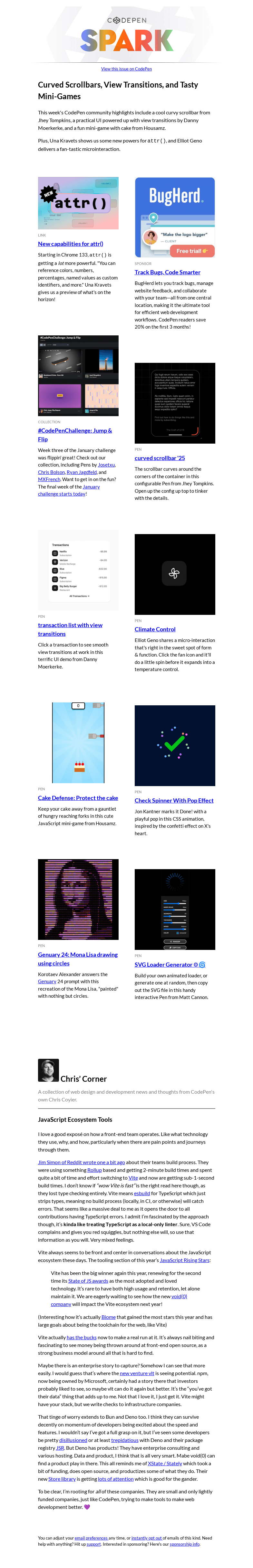 Письмо компании «CodePen» на тему «Curved Scrollbars, View Transitions, and Tasty Mini-Games»