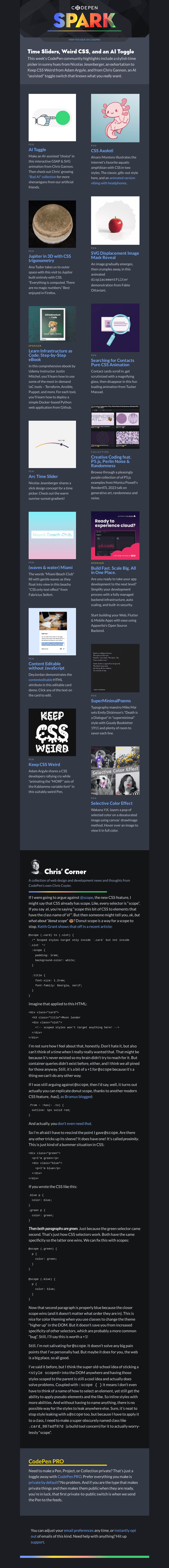 Письмо компании «CodePen» на тему «Time Sliders, Weird CSS, and an AI Toggle»