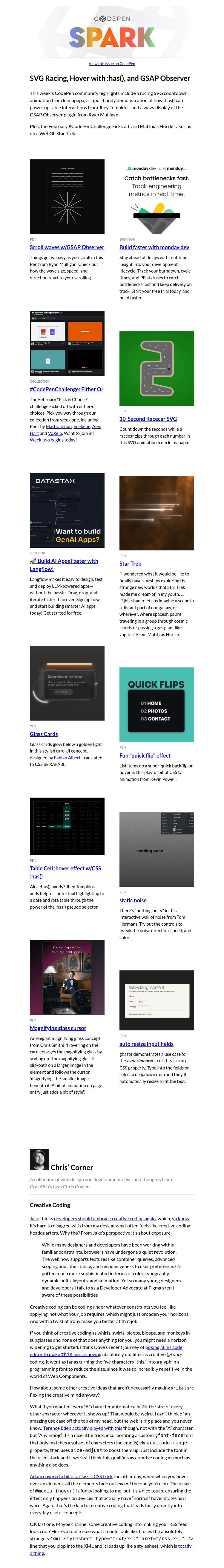 Письмо компании «CodePen» на тему «SVG Racing, Hover with :has(), and GSAP Observer»