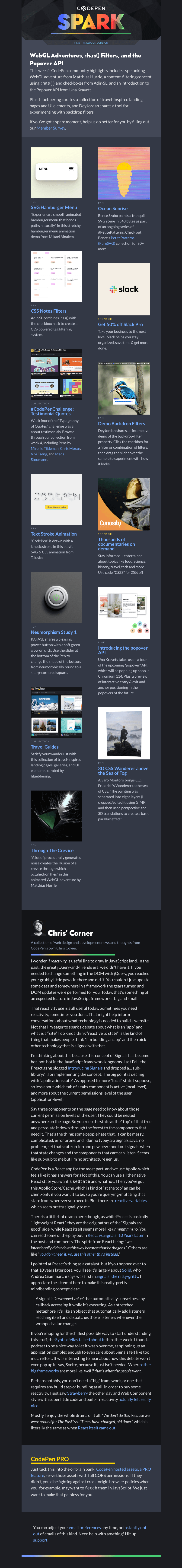Письмо компании «CodePen» на тему «WebGL Adventures, :has() Filters, and the Popover API»