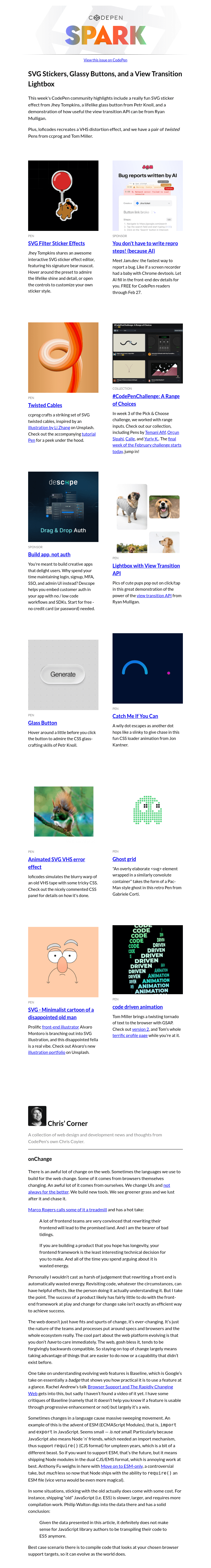 Письмо компании «CodePen» на тему «SVG Stickers, Glassy Buttons, and a View Transition Lightbox»