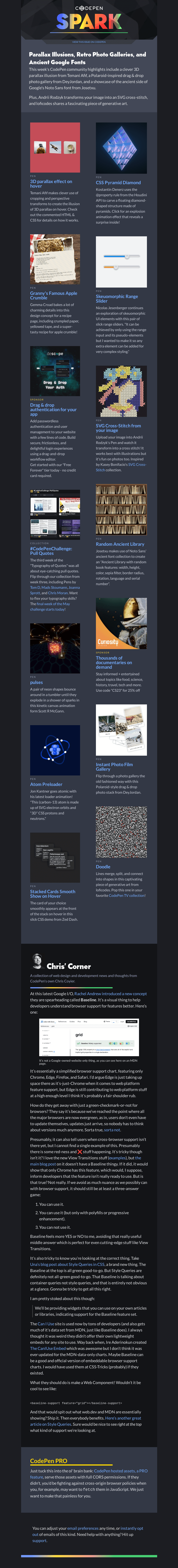 Письмо компании «CodePen» на тему «Parallax Illusions, Retro Photo Galleries, and Ancient Google Fonts»