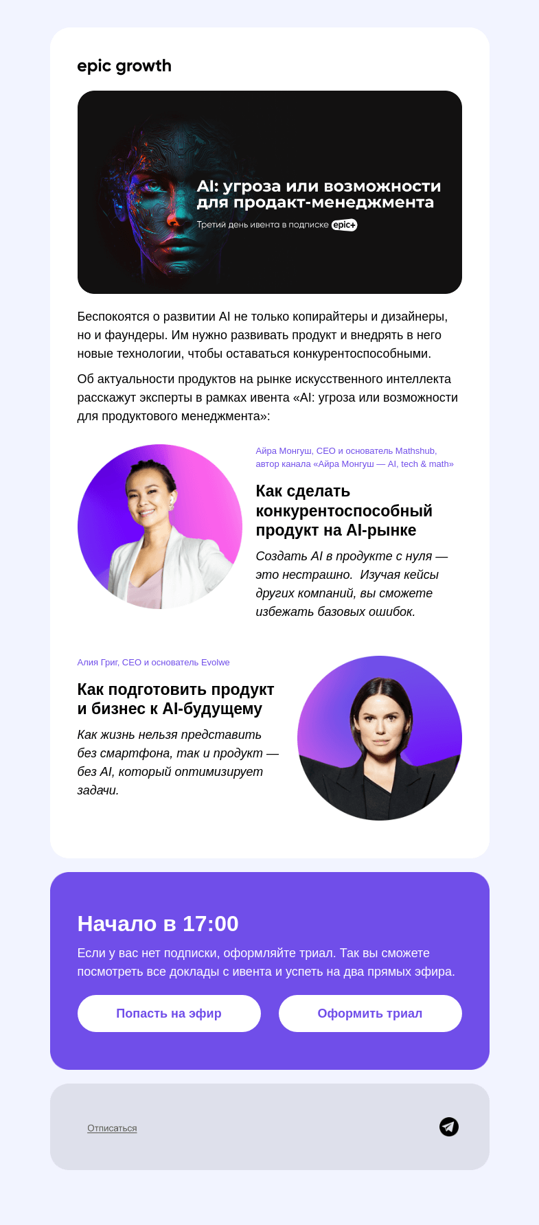 Письмо компании «Epic Growth» на тему «Фаундеры, берегитесь AI!»
