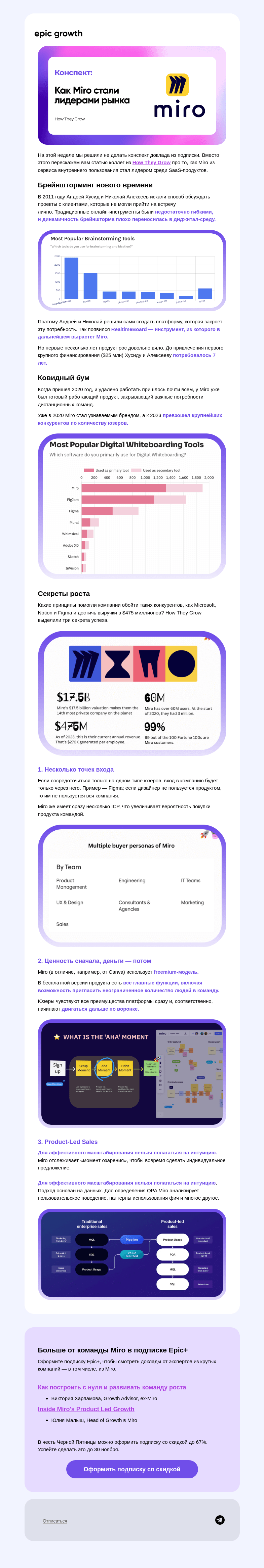 Письмо компании «Epic Growth» на тему «Секреты успеха Miro 😎»