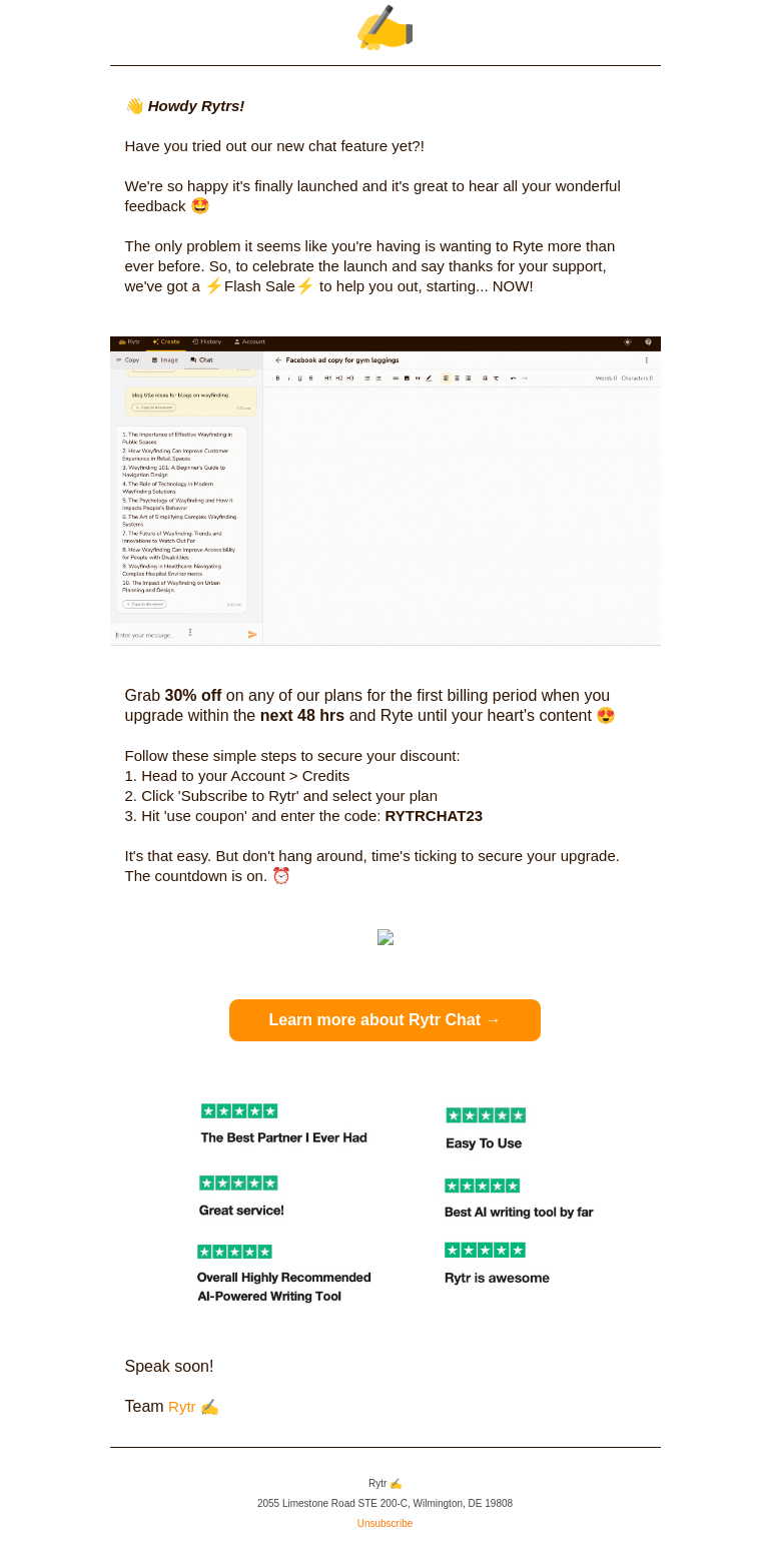 Письмо компании «Rytr» на тему «Celebrating Rytr Chat: Grab Your Discount»