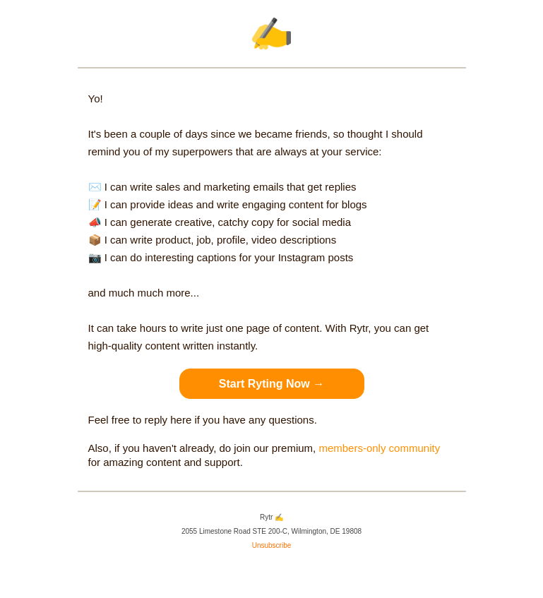 Письмо компании «Rytr» на тему «Never write content again »