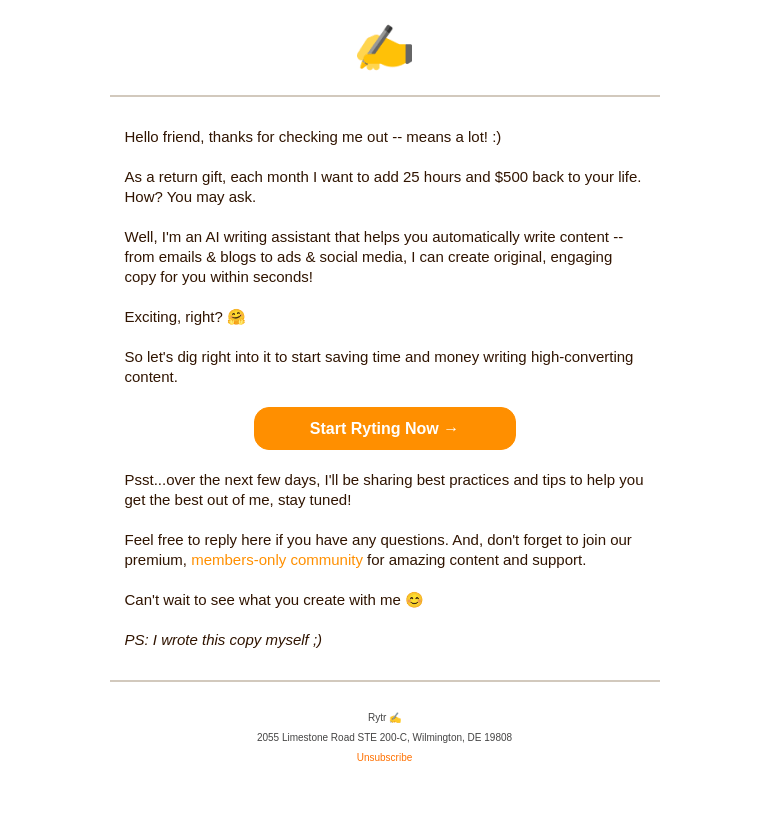 Письмо компании «Rytr» на тему «Welcome to Rytr! »