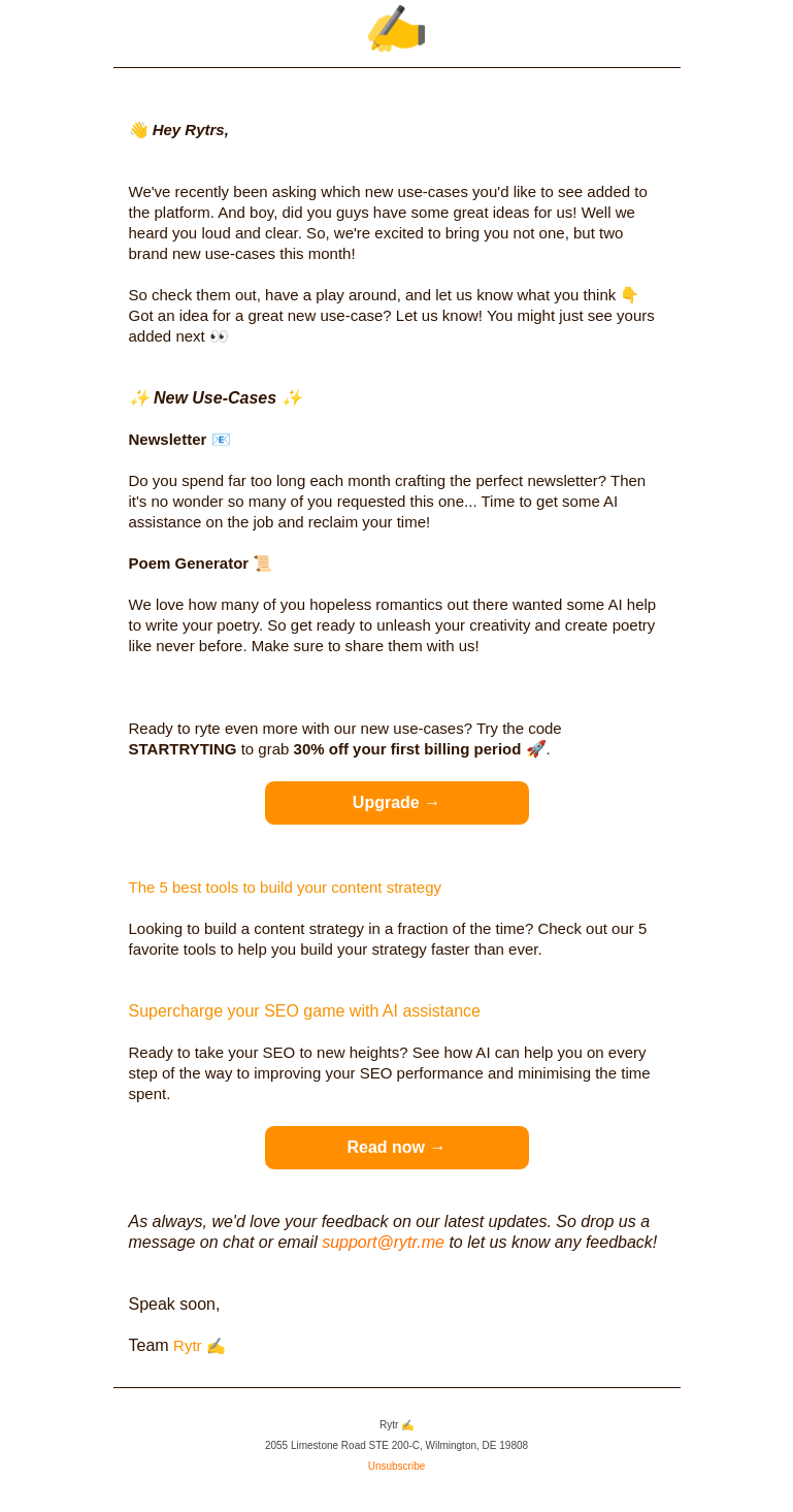 Письмо компании «Rytr» на тему «Announcing two new use-cases »