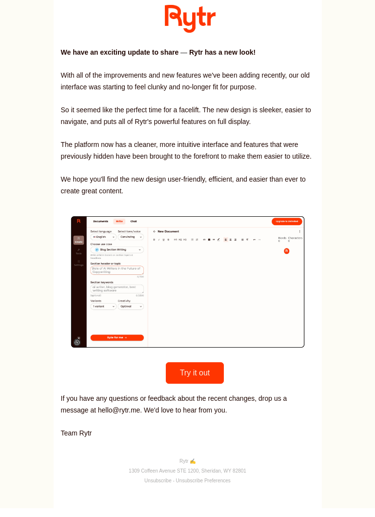 Письмо компании «Rytr» на тему «Rytr Just Got a New Look! »