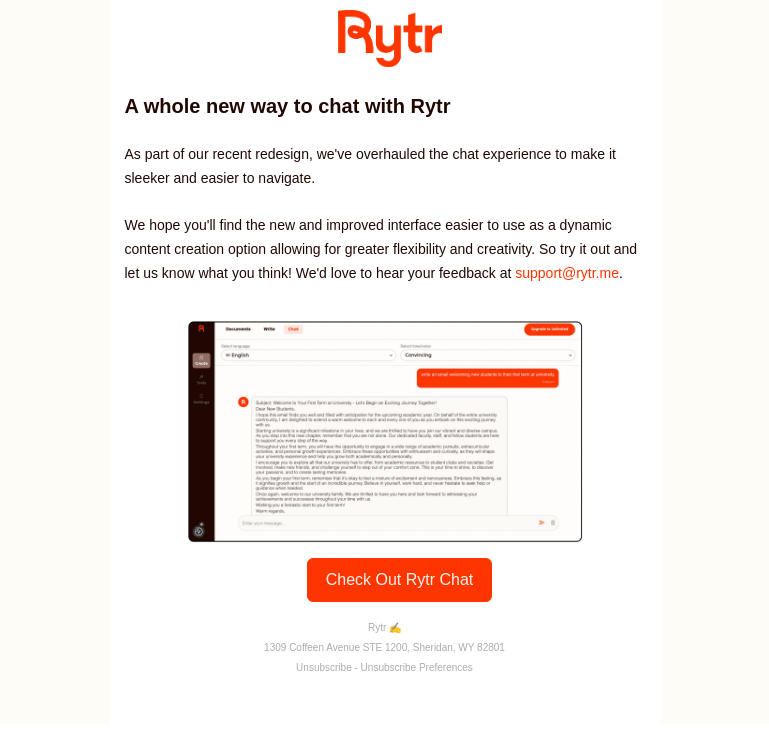 Письмо компании «Rytr» на тему «Re-introducing Rytr Chat»