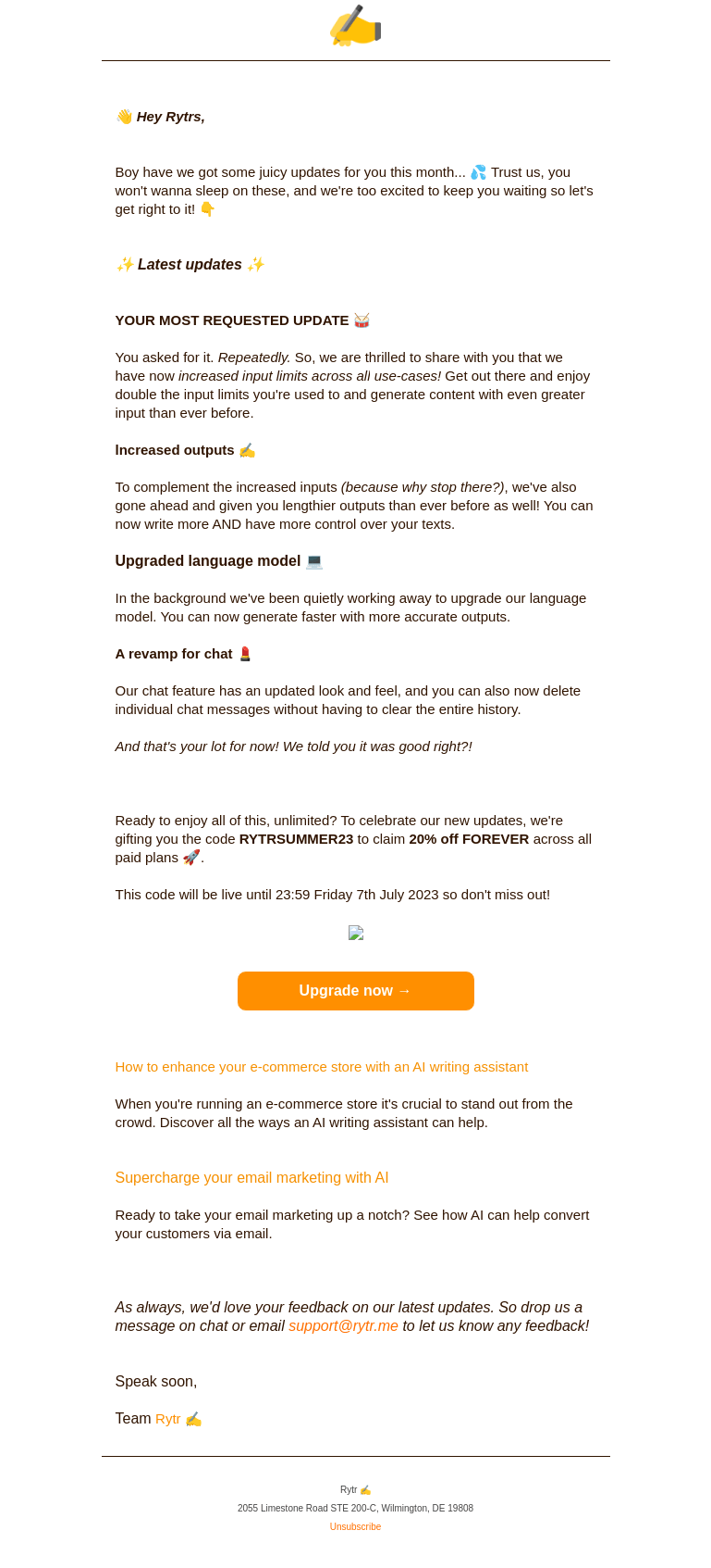Письмо компании «Rytr» на тему «Your most requested update is here...»