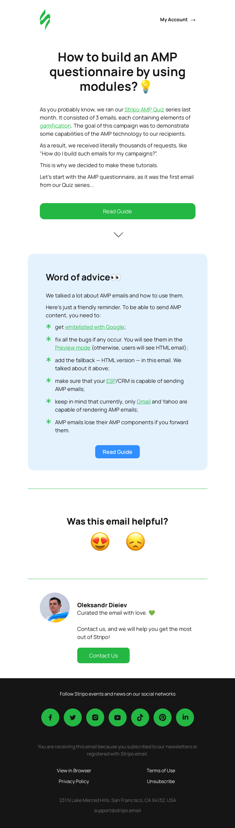 Письмо компании «Stripo» на тему «Building an AMP questionnaire with Stripo by using pre-built modules👇»