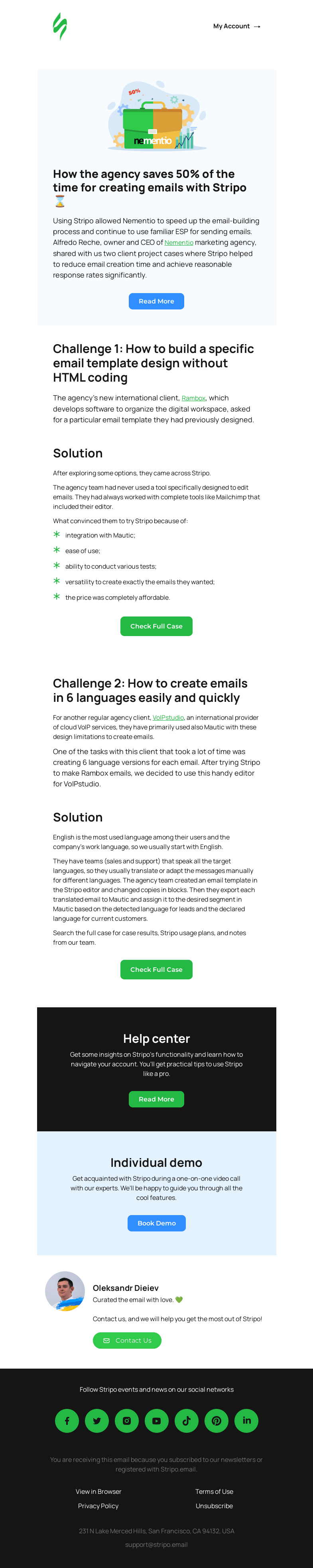 Письмо компании «Stripo» на тему «How the agency saves 50% of the time for creating emails with Stripo⌛»