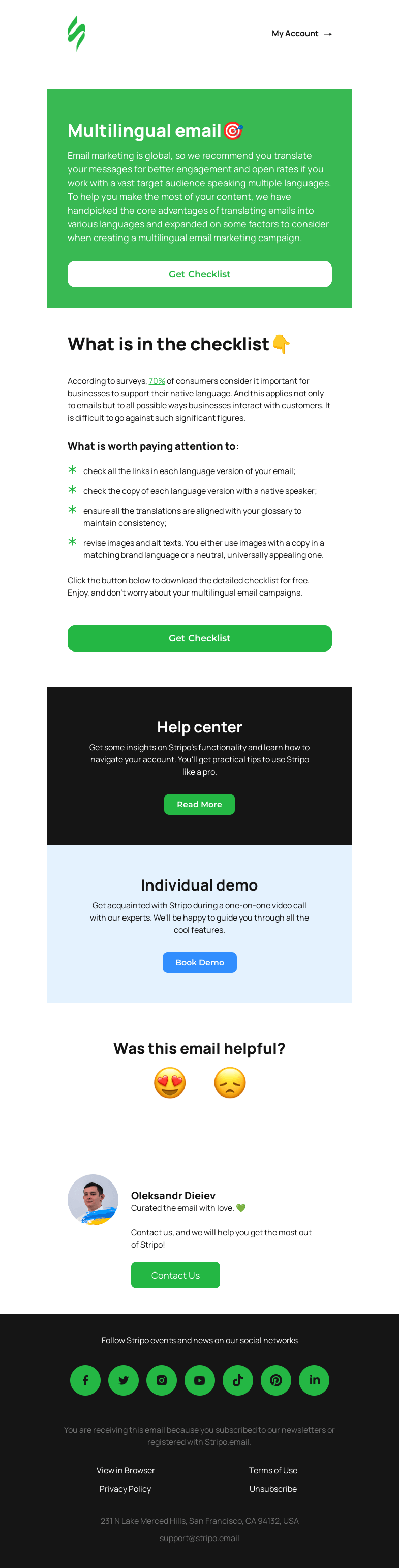 Письмо компании «Stripo» на тему «New Checklist: Multilingual email campaign🌐»
