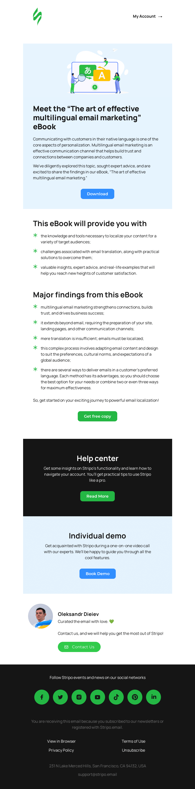 Письмо компании «Stripo» на тему «Unlock the Power of Multilingual Emails with Stripo's New eBook📗»