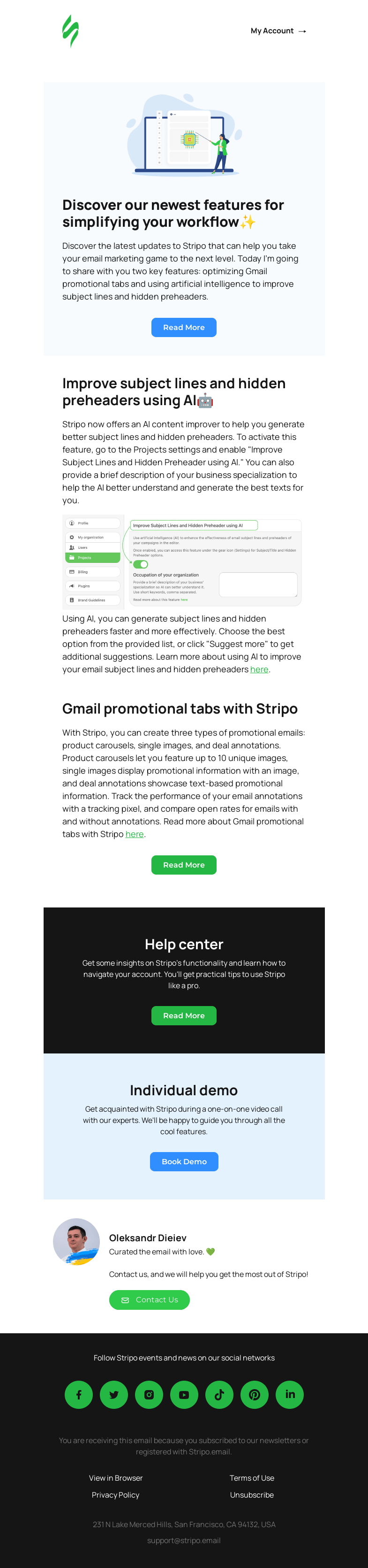 Письмо компании «Stripo» на тему «Improve subject lines and hidden preheaders using AI 🤖»