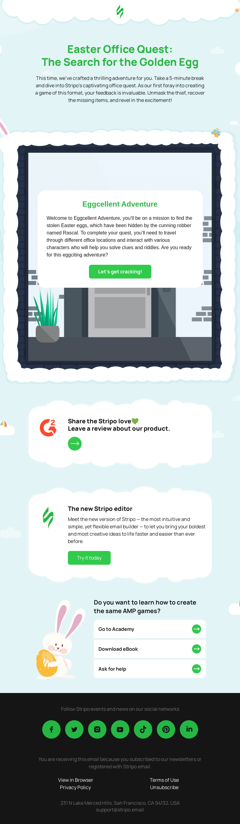 Письмо компании «Stripo» на тему «Easter Office Quest: The Search for the Golden Egg🥚🥚🥚»