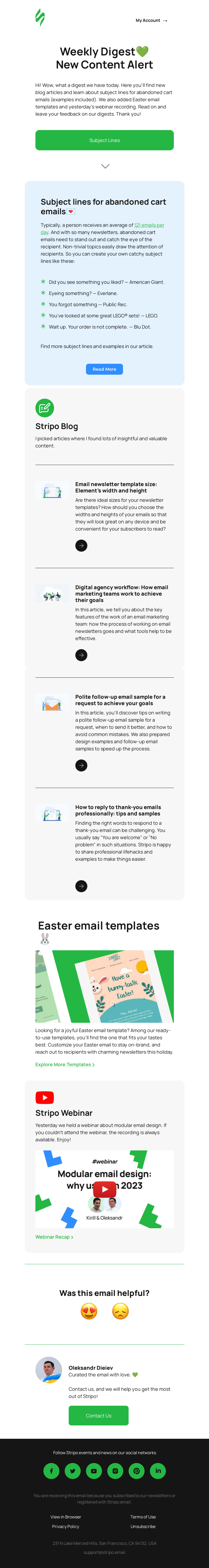 Письмо компании «Stripo» на тему «📚 Learn Something New: Our Latest Articles + Webinar Recap + Easter Templates»