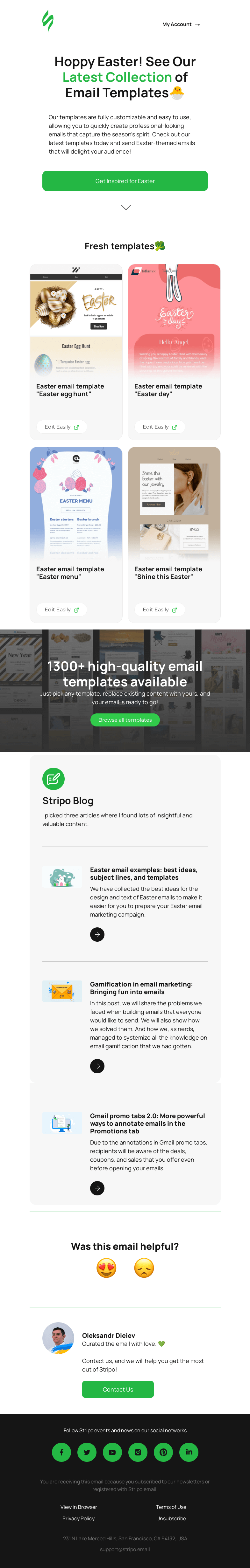 Письмо компании «Stripo» на тему «🌼 Freshen Up Your Easter Campaigns with Our Latest Email Templates»