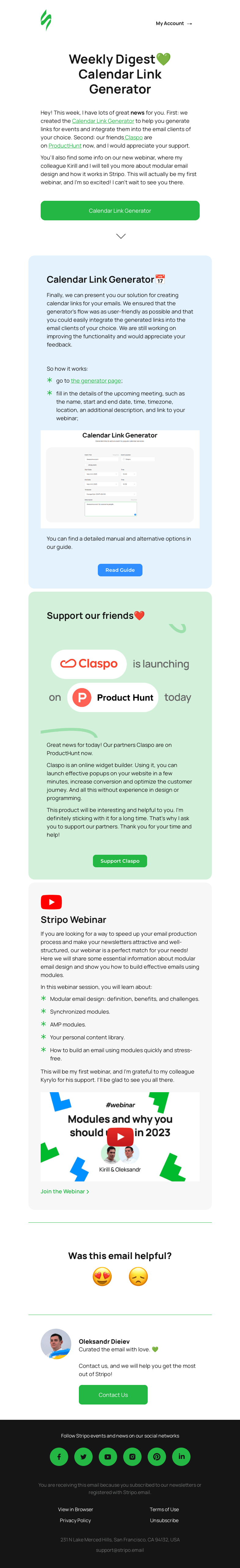 Письмо компании «Stripo» на тему «Calendar Link Generator and our partners' launch on Product Hunt💚»