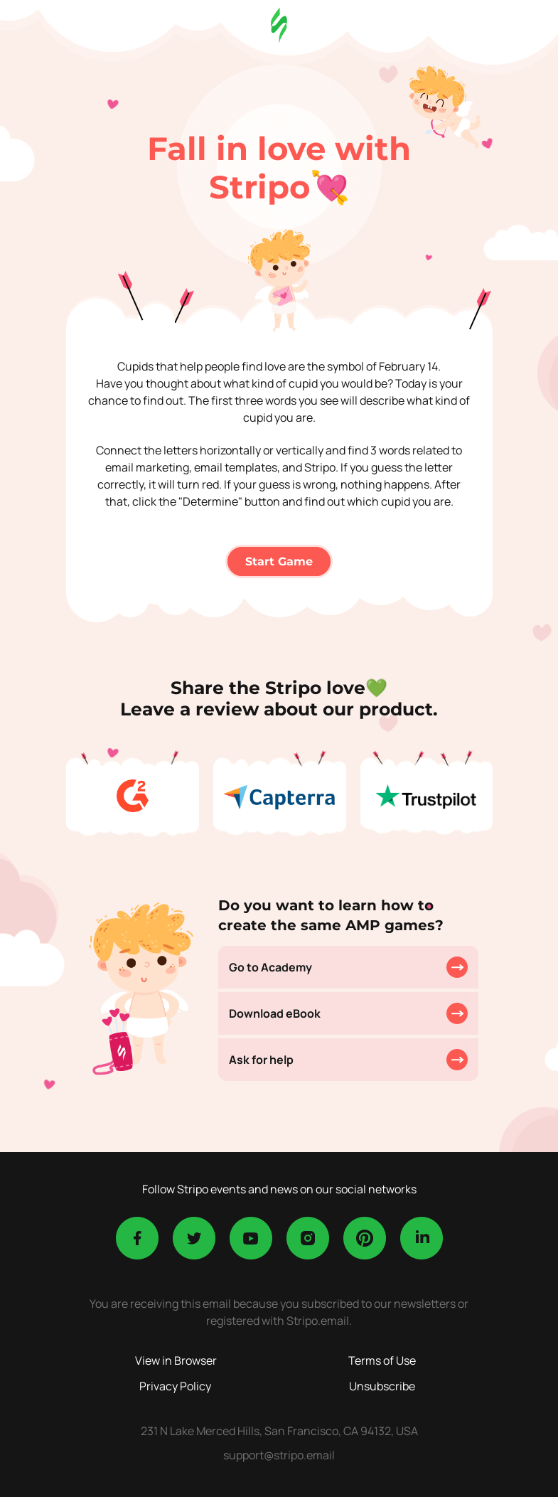 Письмо компании «Stripo» на тему «AMP game + gift for February 14 💝»