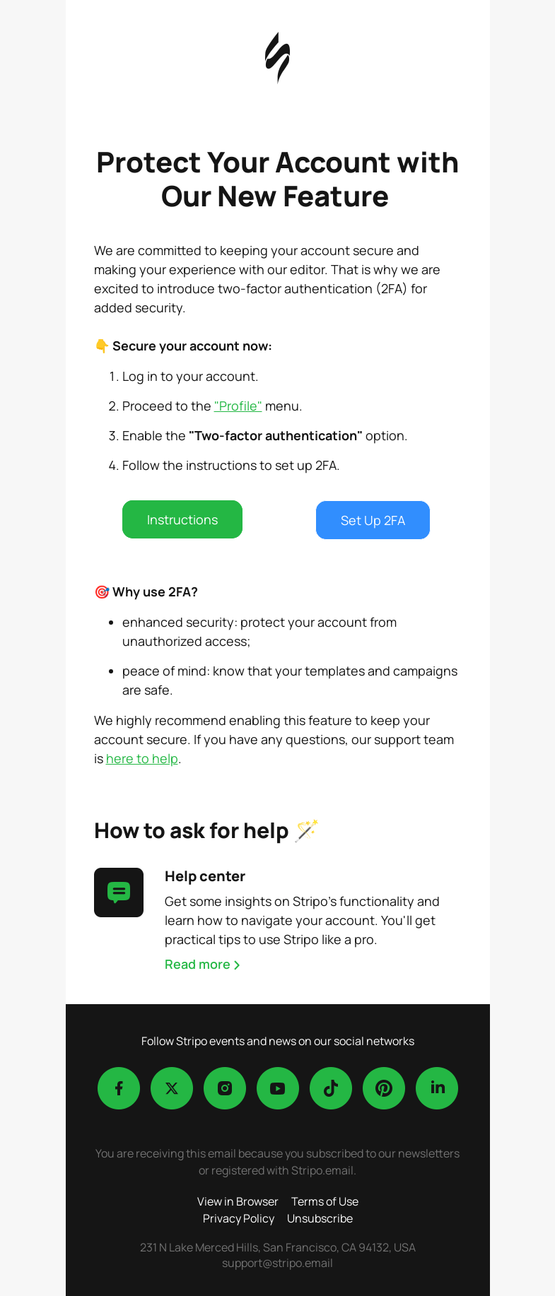 Письмо компании «Stripo» на тему «New Security Update: Two-Factor Authentication Now Available 🛡️»