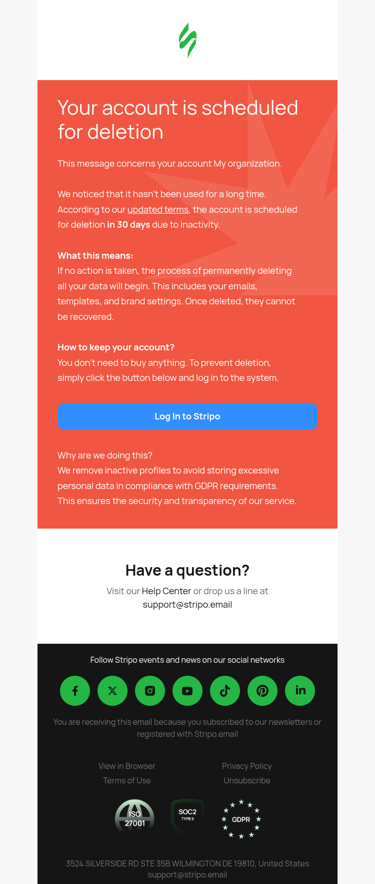 Письмо компании «Stripo» на тему «Your Stripo account might be deleted in 30 days 📅»