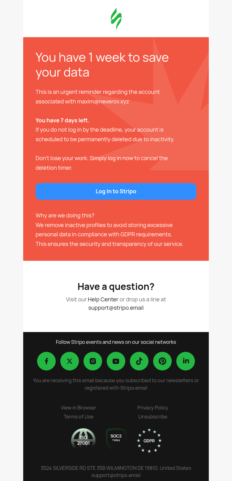 Письмо компании «Stripo» на тему «Action required: 7 days until account deletion ⏳»