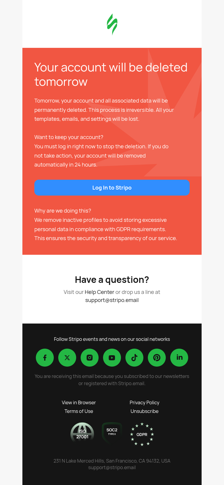Письмо компании «Stripo» на тему «Final Notice: Account deletion in 24 hours»